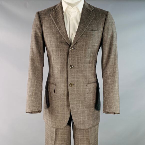 LUCIANO BARBERA Size 38 Regular Brown Plaid Wool Notch Lapel Pleated Suit - Picture 1 of 15